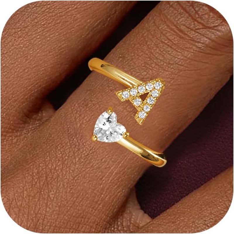 Treasure Bender Valentines Day Gifts Initial Gold Rings for Girls Women - Dainty 14K Gold Plated Adjustable Letter A-Z Rings Teen Girls Gifts Trendy Stuff Heart CZ Initial Ring Teens Birthday Gift - Image 1